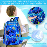 FTJCF 17" Gamer Backpack, Boys Lightning Kids Bookbag with Lunch Box, 3Pcs School Backpacks for Elementary Preschool Kindergarten (Blue)