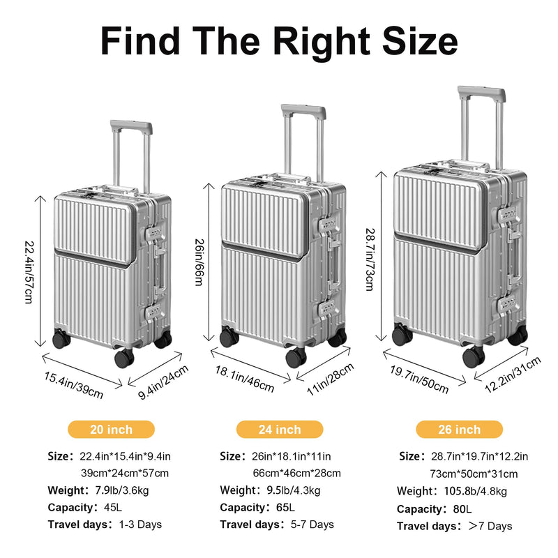 AIWEINY Zipperless Luggage, 22.4" x 15.4" x 9.4" Aviation Certified, Polycarbonate Aluminum Hardshell, Expandable Carry-On Luggage with Spinner Wheels, Hardshell Luggage, 20 Inch Cabin