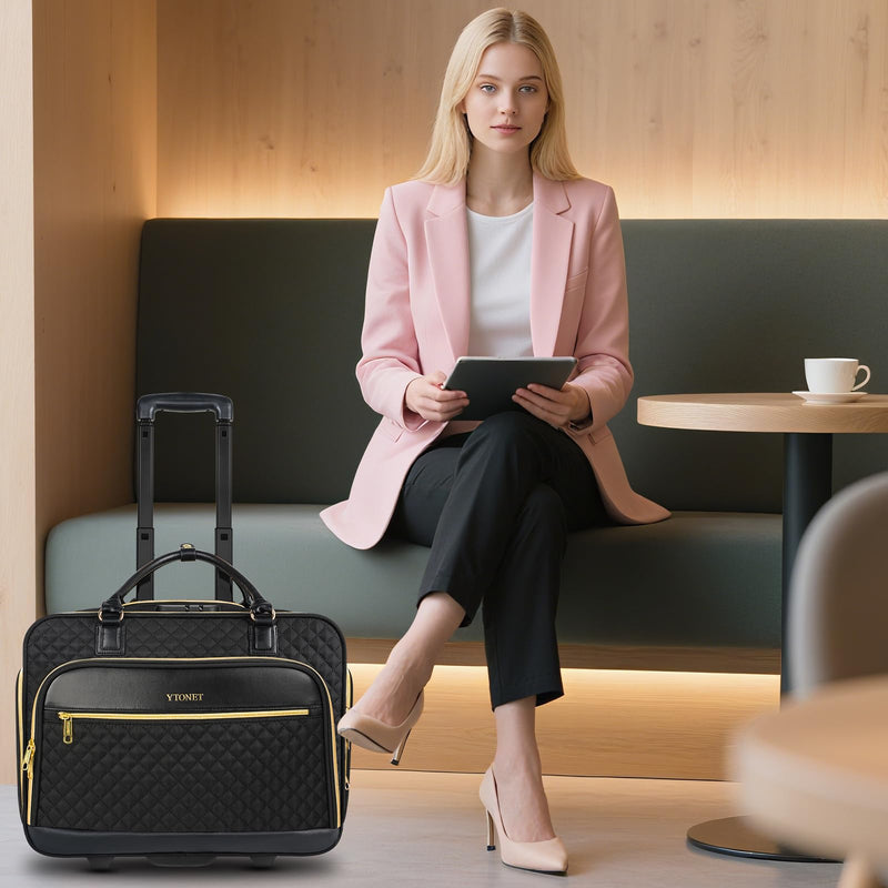 Ytonet Rolling Briefcase for Women, 17.3 Inch Rolling Laptop Bag with Lock, Water Rresistant Wheeled Computer Bag with Insulated Pocket, Roller Bags for Work Travel Overnight Teacher, Black