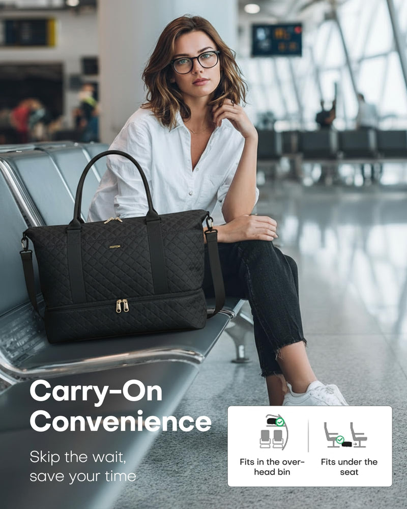 HOTOR Travel Duffel Bag - Weekender Bags for Women, Gym Tote Bags with Shoe Compartment, Carry On Overnight Bag with Toiletry Bag for Travel Essentials and Travel Accessories, Black, 13.4"×17.3"×7.9"
