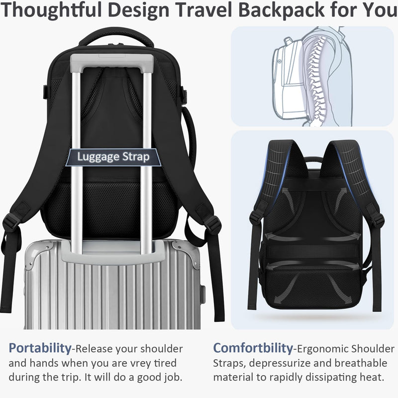 Tenot Travel Backpack for Women Men Carry on Flight Approved Lightweight 15.6 Inch Laptop Backpack Duffle College Business Work Weekender Hiking Travel Essentials Suitcase Backpack Black