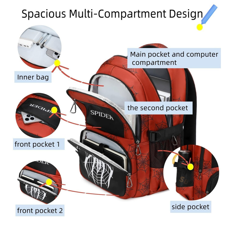 BLUWEI Kids Backpack Boys 18in Cool Luminous Spider Bookbag Elementary Teens School Bag Age 6-12 Compartments (Red)