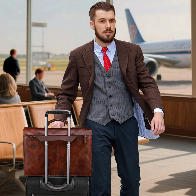 Banuce Vintage Full Grain Italian Leather Briefcase for Men 15.6 Inch Lawyer Briefcase with Lock Legal Attorney Bag with Luggage Strap Gradient Brown