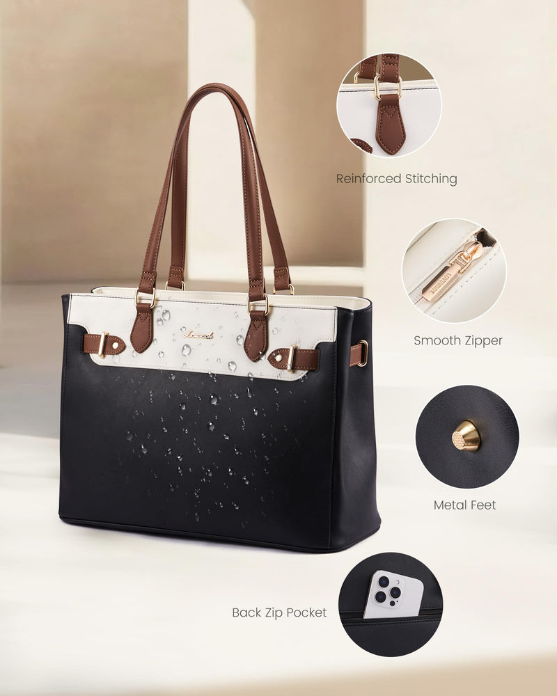 LOVEVOOK Laptop Tote Bag for Women Work, Teacher Tote Bag Nurse Bag with Large Cup Holder, 15.6 Inch Waterproof Leather Computer Bag Professional Business Office Briefcase, Black-beige-brown
