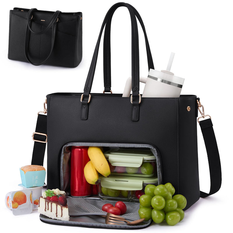 LOVEVOOK Lunch Tote Bag for Women, 3 in 1 Work Bag with Insulated Lunch Compartment, Laptop Bag with Large Cup Holder for Office, College, Casual, Black