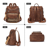 GAEKEAO Backpack Purse for Women Fashion Leather Designer Travel Backpack Purses Convertible Shoulder Bag with Wristlet (Brown With Leopard)