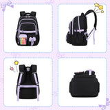 QIXIHU Girls Backpack, 17-Inch Bookbag for Middle & Elementary School, Kawaii Kids Backpack for Girls Ages 6-12(Black Purple)