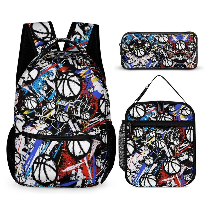 CaomeiWu Basketball Backpack with Lunch Box & Pencil Case for Kids Girls Boys School, 16 Inch Cool Basketball Bookbag, School Backpack for Students Children, sustainable, Lightweight, Large Capacity