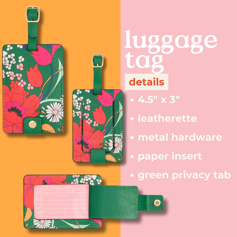 Ban.do Getaway Suitcase Tag for Travel, Green Floral Durable Vegan Leather Luggage Identifier, Superbloom