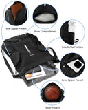 BROTOU Soccer Drawstring Backpack, Basketball Bag, Volleyball Football Bags with Ball and Shoe Compartment(1- Reflective strip, Black)