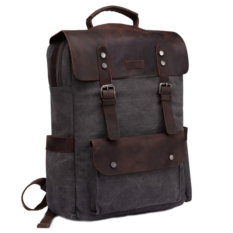 VASCHY Leather Laptop Backpack, Casual Canvas Campus Rucksack with 15.6 inch Laptop Compartment