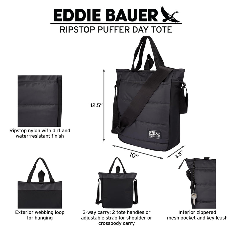 Eddie Bauer Ripstop Nylon Puffer Day Tote Bag, Everyday Carry Tote, Travel, Vacation - 7L, Carbon
