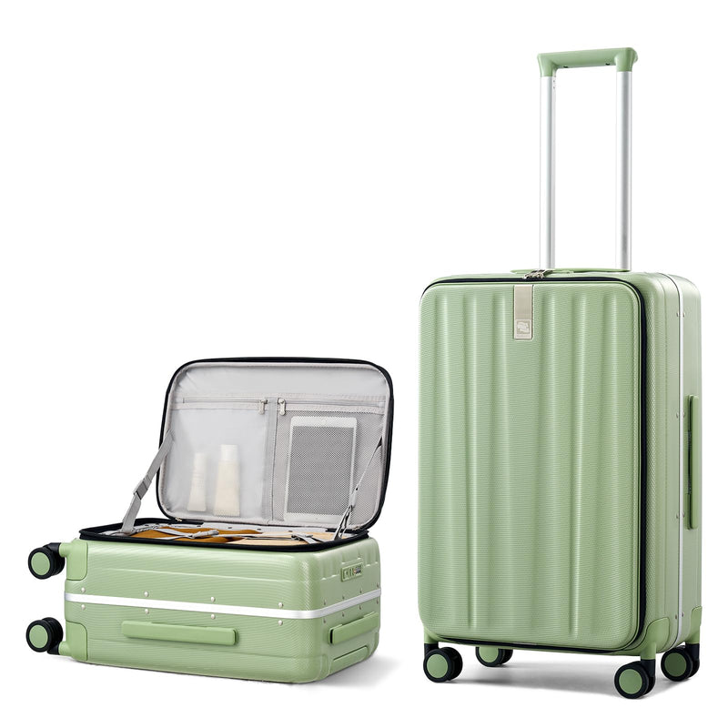 Hanke 24 Inch Checked Luggage PC Hard Shell luggage Top Opening Aluminum Frame Travel Luggage Suitcases with Wheels for Woman Men.(Bamboo Green)