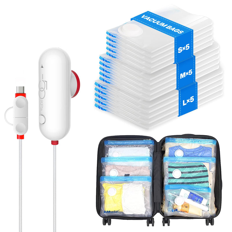 VMstr 15 Pack Travel Vacuum Storage Bags with USB Pump, Vacuum Packing Seal for Luggage and Suitcase, Space Saver for Clothes and Clothing Travel
