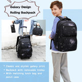 3Pcs Galaxy Boys Rolling Backpack Set with Lunch Bag, Galaxy Print Kids Backpack for Boys with Wheels