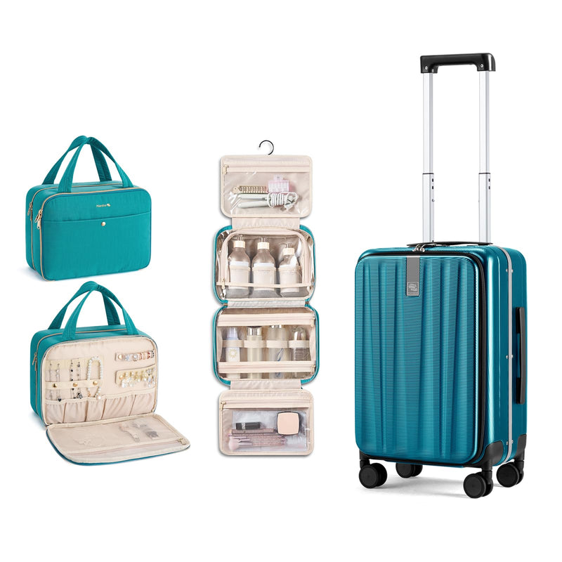 Hanke 20 Inch Carry On Luggage with Wheels PC Hard Shell Suitcase Top Opening Aluminum Frame Suitcases and Hanging Travel Toiletry Bag for Women with Jewelry Organizer Compartment, Travel Essentials