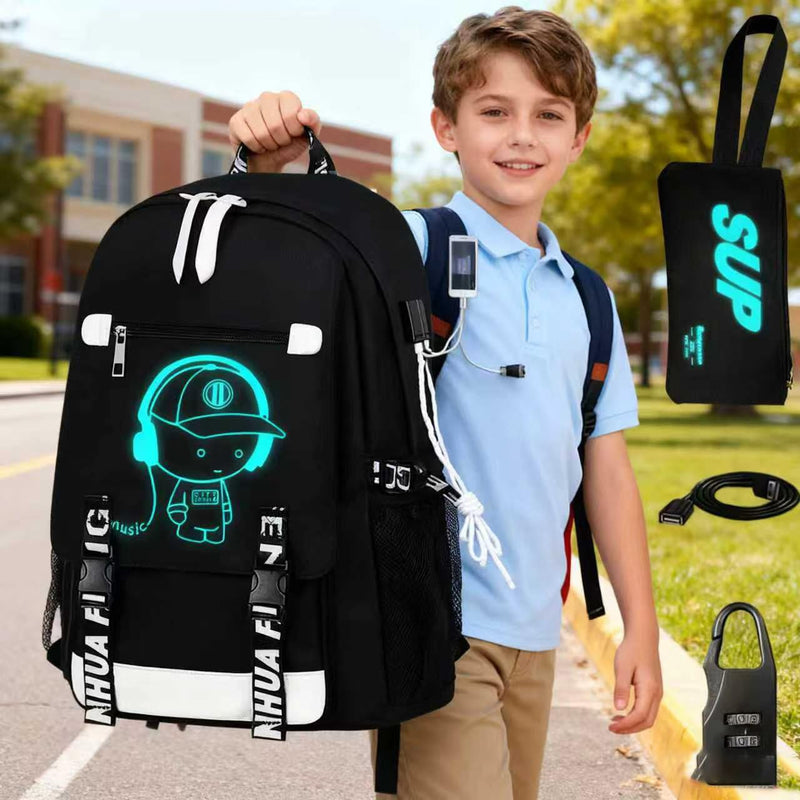 RM Family School Backpack for Boys Print Backpack Teenagers Anime Large School Bag Outdoor Reflective Daypack.Luminous Pattern Travel Laptop Backpack - With Usb Charging Port Headphone port