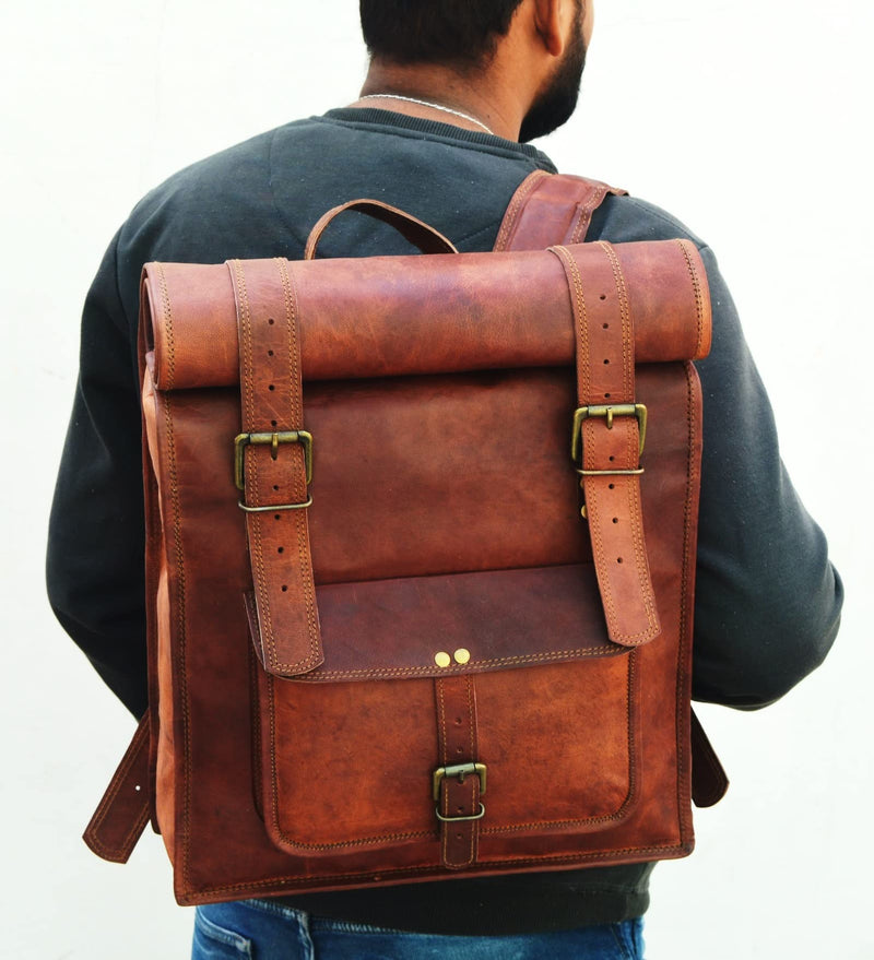 URBAN DEZIRE Men's 17 inch Leather Vintage Roll On Laptop Backpack Rucksack knapsack college bag