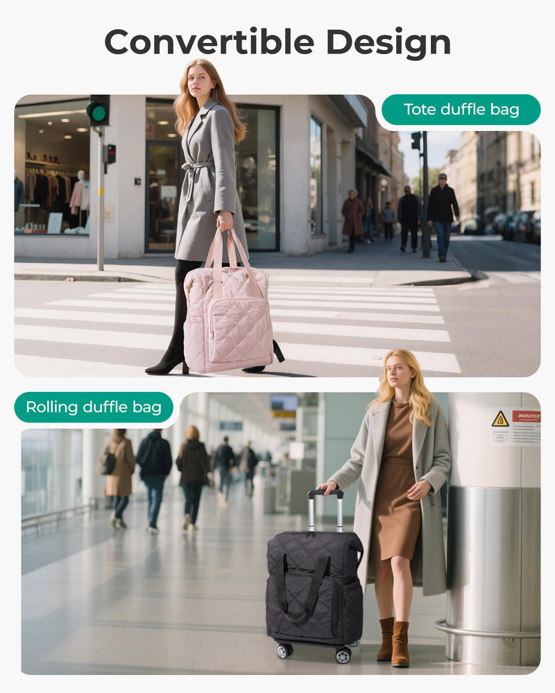 BAGSMART Rolling Duffle Bag with Wheels, 35L Carry on Travel Bag with Detachable Wheels, PVC Wet Pocket Duffel bag with Wheels, Black