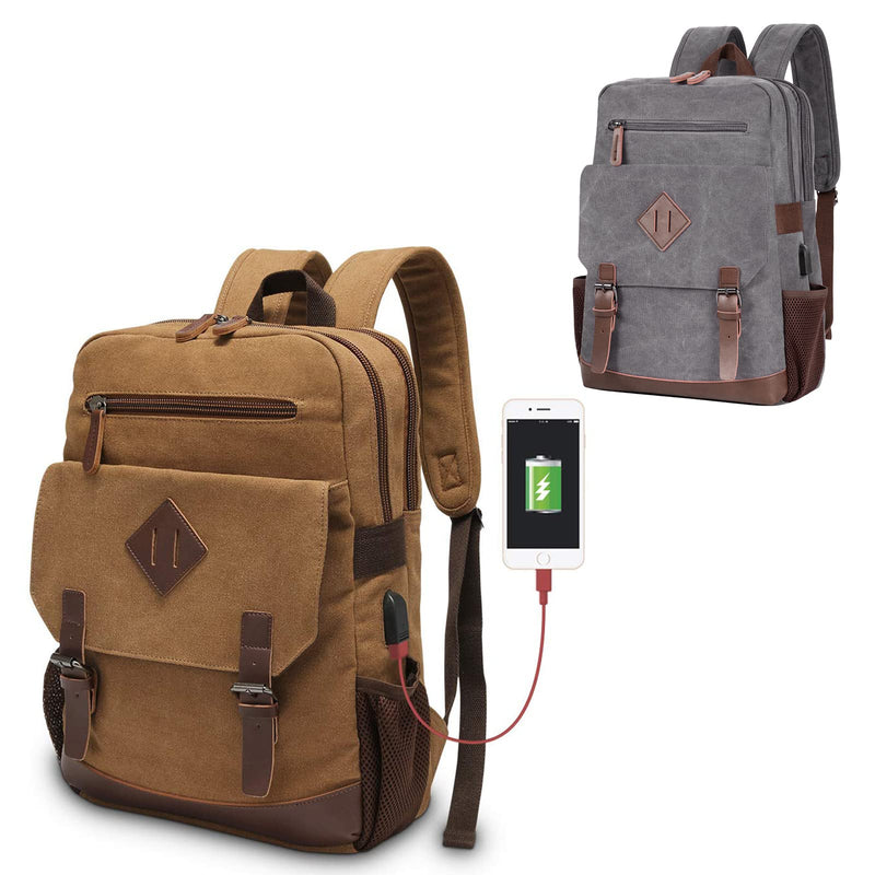 Canvas Backpack for Men Women, Vintage Rucksack Fits Most 15.6 Inch Laptop, Bookbag with USB Charging Port