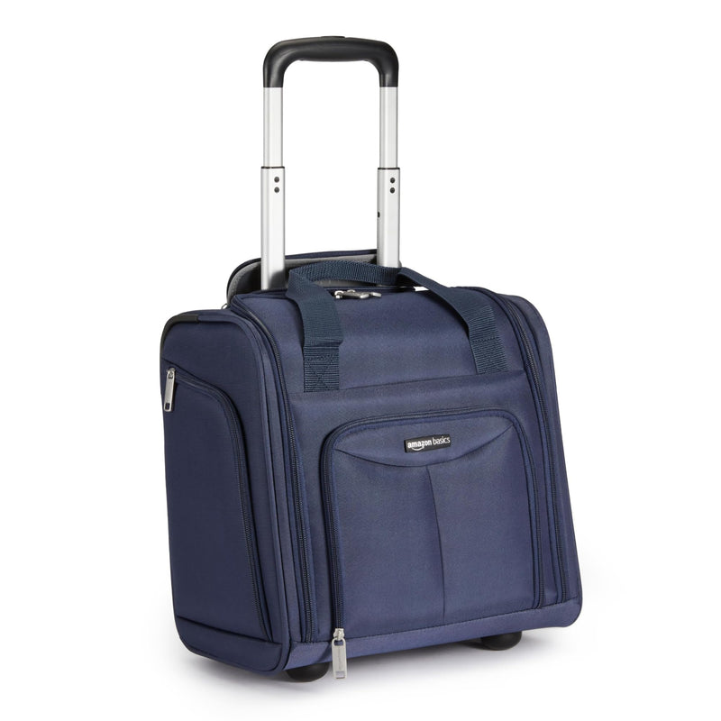 Amazon Basics Underseat Carry-On Luggage with Wheels and Handle, 14" Rolling Travel Bag, Fits Overhead Bins, Organized Compartments, Navy
