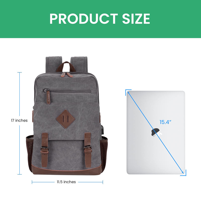 Modoker Eco-Friendly Vintage Backpack for Men Women, Canvas Bookpack Fits Most 15.6 Inches Computer and Tablets, Rucksack Backpack with USB Charging Port, Grey