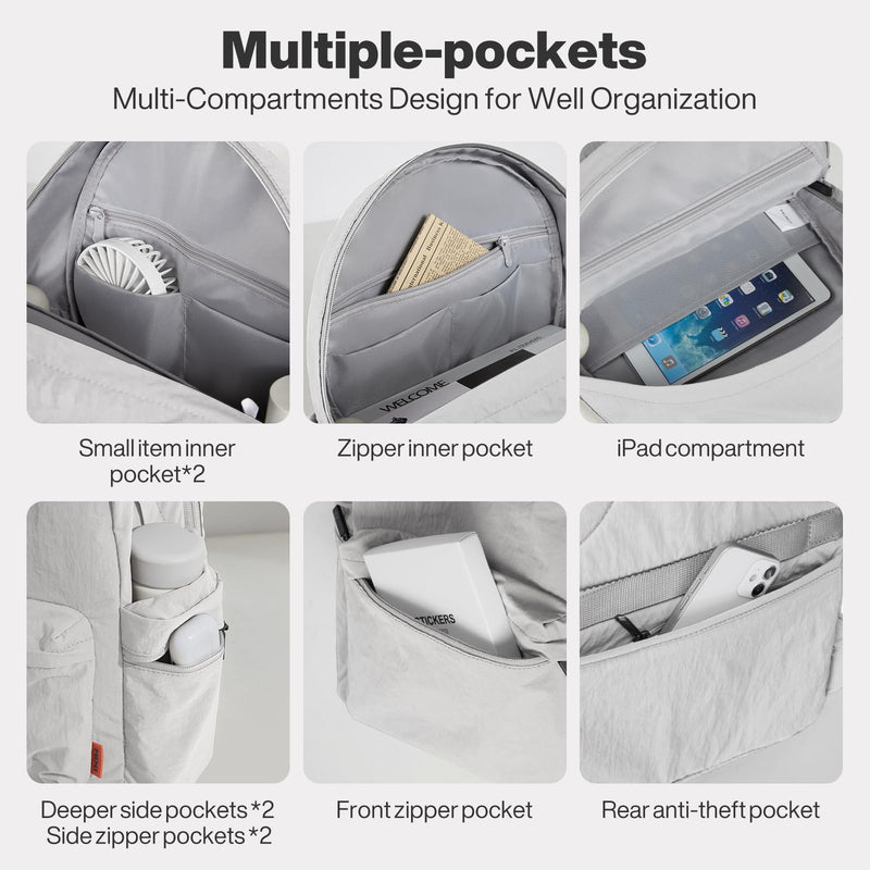 mixi Outdoor Lightweight Backpack Casual Carry On Laptop Backpack Travel Bookbag for Women Men, Water Resistant Durable Hiking Bag for Camping Weekender Sports College Work, 17 Inch, Light Gray