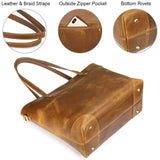 S-ZONE Vintage Genuine Leather Shoulder Bag Work Totes for Women Purse Handbag with Back Zipper Pocket Large