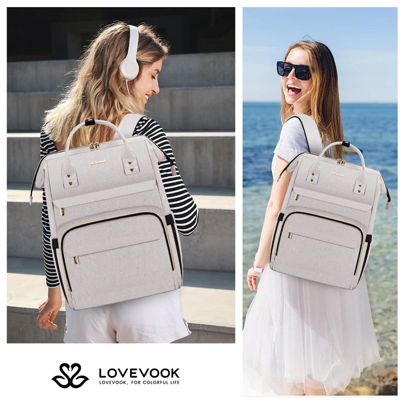 LOVEVOOK Laptop Backpack for Women,15.6 Inch Professional Womens Travel Backpack Purse Computer Laptop Bag Nurse Teacher Backpack,Waterproof College Work Bag Carry on Back Pack with USB Port,Off-white
