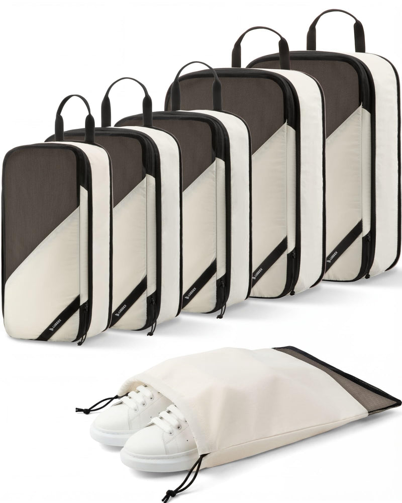 LUGGEX Packing Cubes for Travel, POX01 Luggage Organizers Bags, Suitcase Organizer with Shoe Bag, 6 Set Travel Cubes for Packing (POX-Core, Beige)
