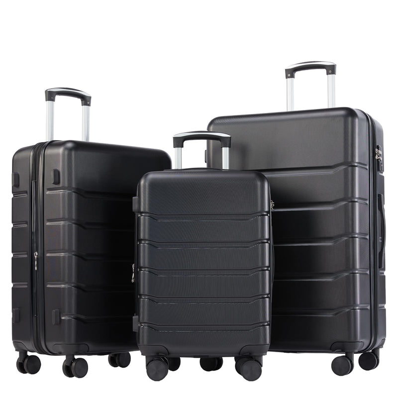 OLIXIS 3-Piece Suitcase Set, Hardside Luggages with Spinner Wheels, Lightweight ABS Hard Shell Travel Luggage, Expandable Carry-On Suitcase with TSA Approved Lock–Black(20+24+28 Inch)