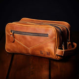 HomeWetBar Beckham Toiletry Bag for Men - Monogrammed Multi-Pocket Saddle Bag, Brown Hanging Dopp Kit