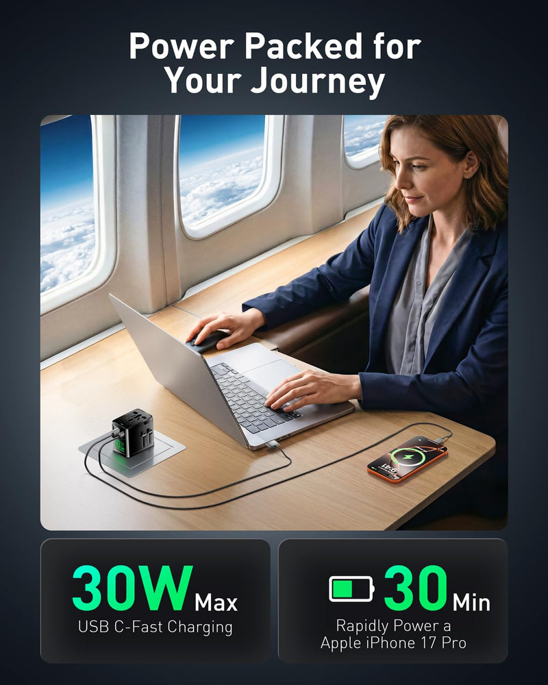 Wollzz Universal Travel Adapter, 30W GaN Fast Charging International Power Adapter Worldwide Charger with 4 Ports 1 AC, 1 USB-A, and 2 USB-C Ports Plug Adapter for USA European UK AUS Japan