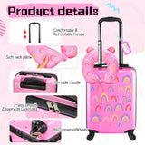 Sanwuta 4 Pcs Kids Luggage Set Rolling Suitcase Backpack U-shaped Pillow Kids Carry On Gift for Summer Travel Family Trip(17 Inch,Rainbow Style,Pink)
