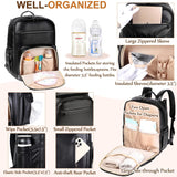 VASCHY Diaper Bag Backpack for Mum Dad, Unisex Large Waterproof Vegan Leather Baby Bag with Changing Pad,Insulated Pockets,Padded Laptop Sleeve for Travel,Black