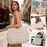 Corduroy Tote Bag for Women, Large Capacity Cute Tote Bags With 6 Pockets, Laptop Tote Bag Crossbody Shoulder Handbag Teacher Nurse Bags for Work Travel Gym(Khaki Grid)
