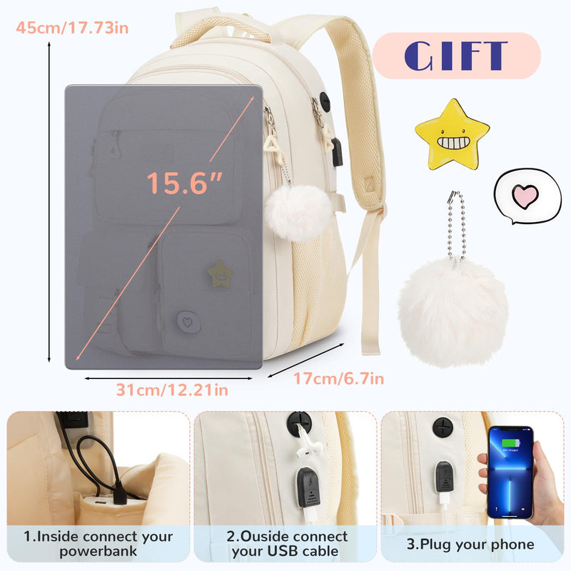 kadilong Cute Middle High School Bags Bookbag for Teen Girls,Laptop Backpack for Women,Back Pack Knapsack for College Student(Beige)