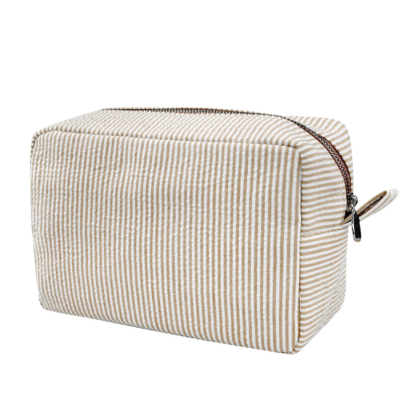 GFU Cosmetic Bags for Women, Seersucker Cosmetic Bag, Travel Toiletry Stripe Makeup Bag, Large Women Aesthetic Organizer Storage Pouch, Girls Handbags Purses, brown