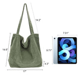 ALUWU Corduroy Tote Bag for Women Girl Casual Work Canvas Shoulder Handbags Cute Large Purse Light Green