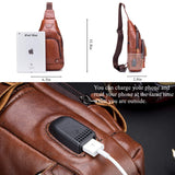 BULLCAPTAIN Genuine Leather Sling Bag with USB Charging Port Multi-pocket Chest Bag for Men Hiking Travel Daypack XB-129(Brown)
