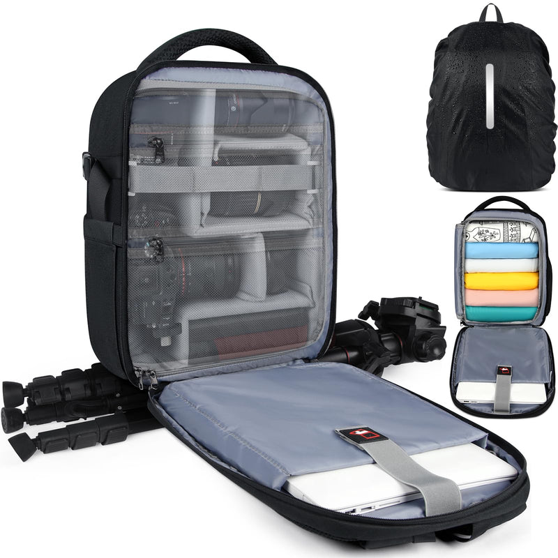 RAINSMORE Camera Bag Professional DSLR SLR Mirrorless Photography Camera Backpack 14 Inch Waterproof Camera Case With Tripod Holder&Laptop Compartment for Canon Nikon Sony for Photographers Black