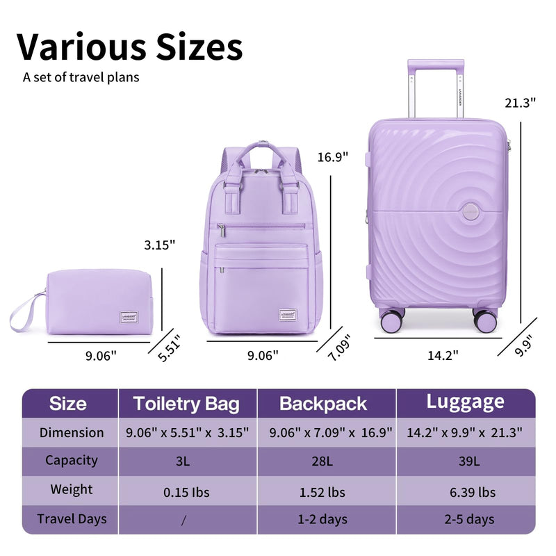 Carry On Luggage Set 22x14x9 Airline Approved, Expandable 20 Inch Carry-On Suitcases With Wheels, Lightweight Luggage Sets 3 Pieces With Backpack, Lavender