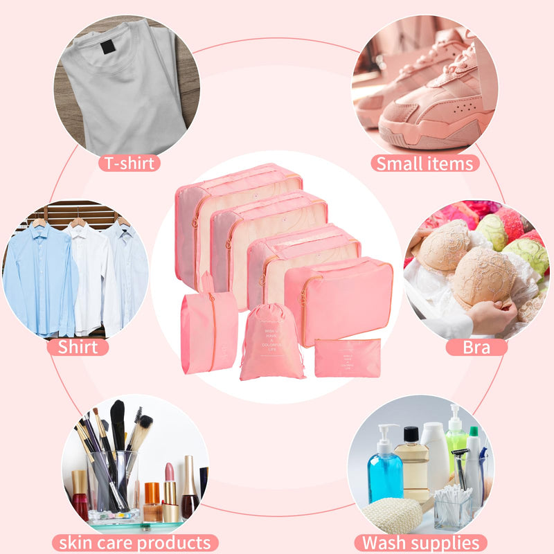 7PCS Packing Cubes for Suitcases, Travel Luggage Organizer Bags, Suitcase Organizer Bags Set for Carry on Luggage Travel Essentials, Pink