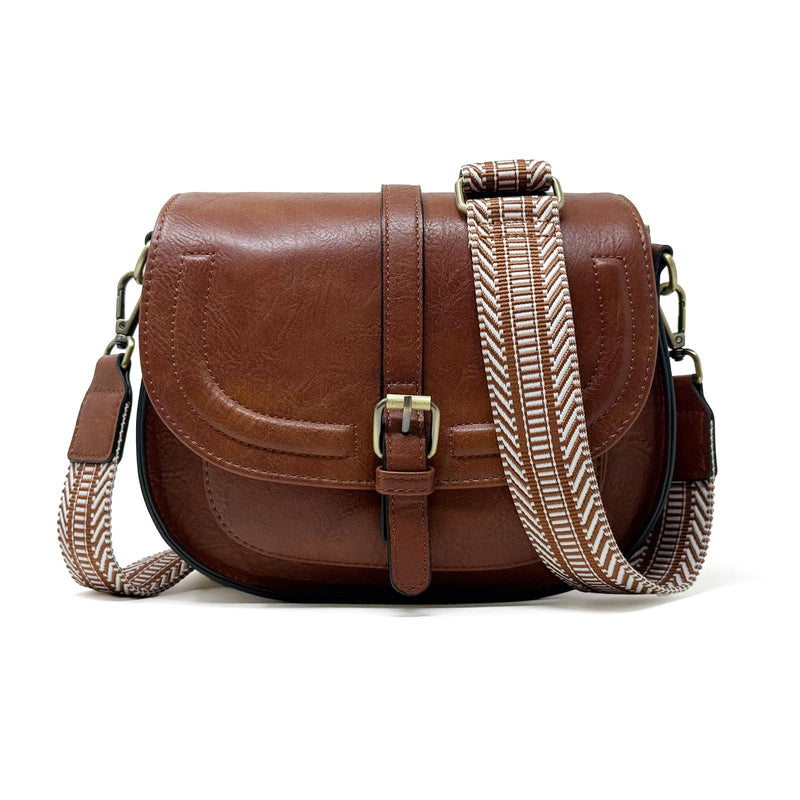 AFKOMST Crossbody Bags for Women,Small Saddle Purse and Boho Cross Body Handbags,Vegan Leather, Brown Guitar Strap
