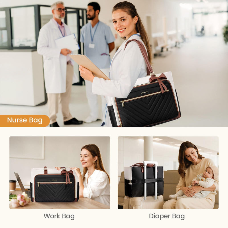LOVEVOOK Teacher Tote Bag for Women, Work Laptop Bag Gift with Large Cup Holder, Quilted Nurse Bag Diaper Tote with Multi-Pockets, Large Computer Handbag Purse for Bussiness Travel, Office, College