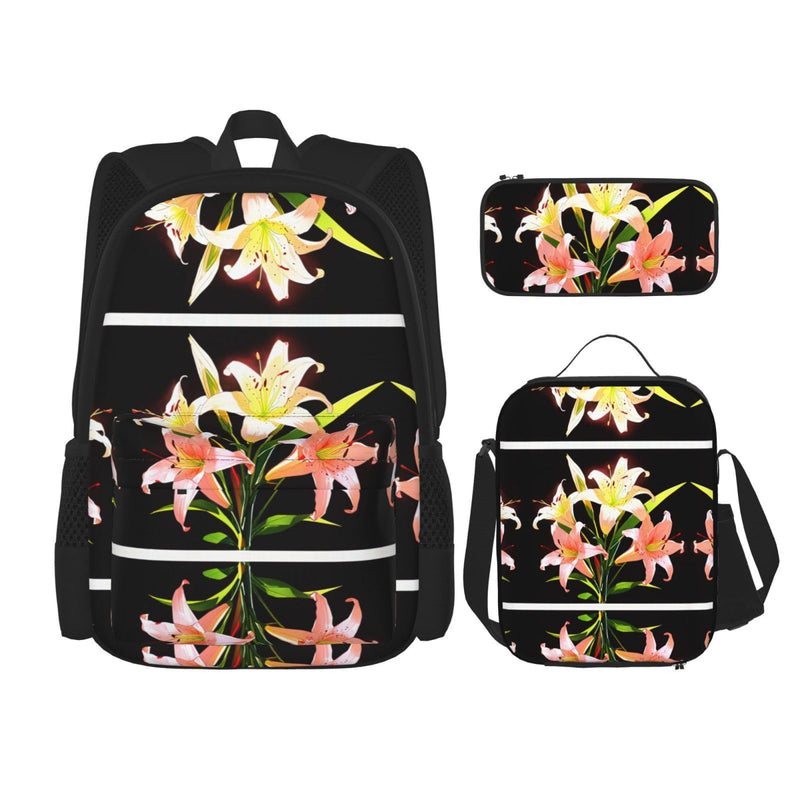 WZYCWB A bouquet of lilies in full bloom Backpack (3-piece set), large capacity backpack, student school bag, pencil case, lunch bag combination