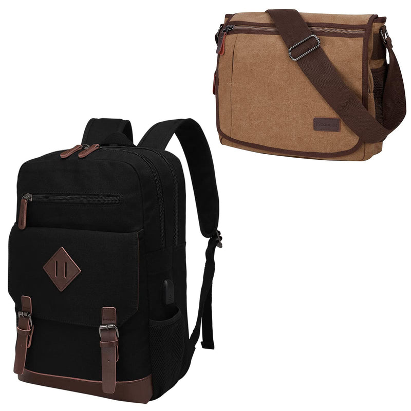 Canvas Backpack for Men Women, Vintage Rucksack Fits Most 15.6 Inch Laptop, Bookbag with USB Charging Port, Brown