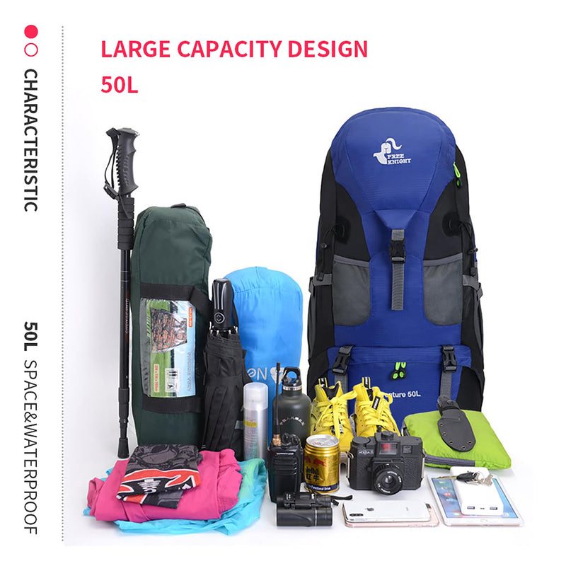 Bseash 50L Hiking Backpack, Water Resistant Lightweight Outdoor Sport Daypack Travel Bag for Camping Climbing Skiing Cycling (Blue - No Shoe Compartment)