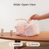 LOVEVOOK Travel Makeup Bag for Women, 2Pcs Puffer Waterproof Cosmetic Organizer, Large Capacity Pouch Open Flat Small Toiletry Bag with Brush Compartment & Handle (Pink, Medium)