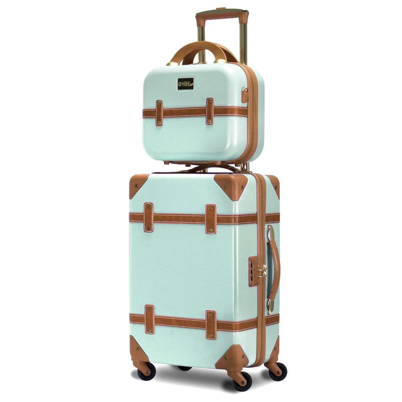 World Traveler Gatsby Vintage Style 2-Piece Hardside Carry-On Retro Train Case Spinner Luggage Set - Mint